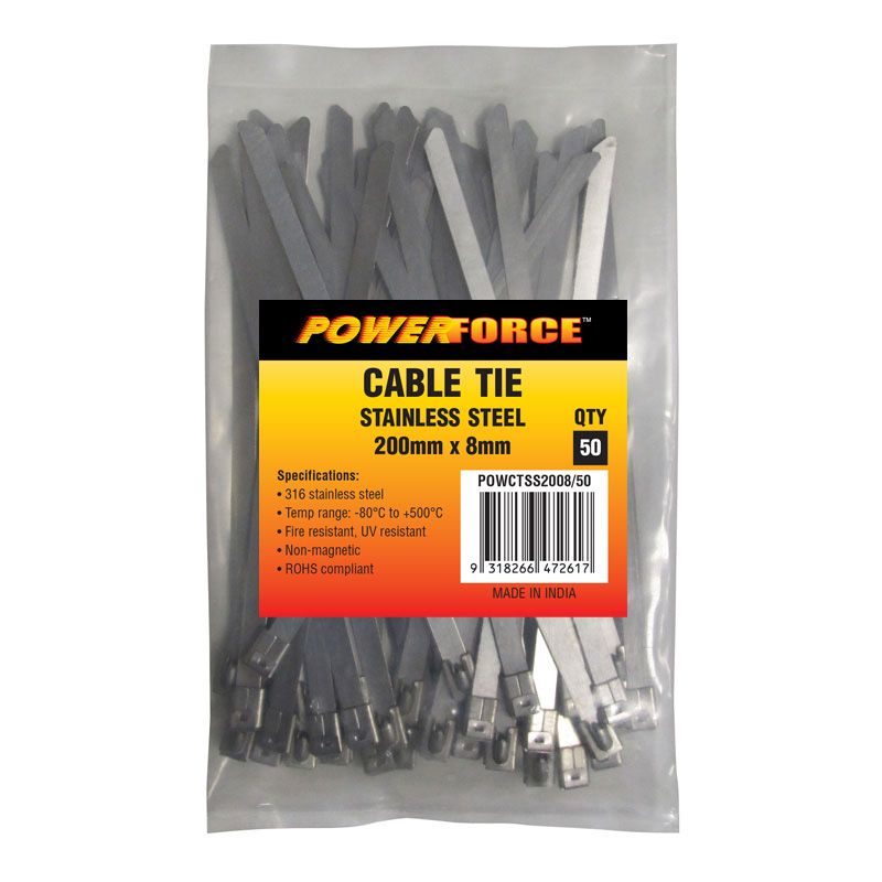 8 X 200mm 316L Stainless Steel Cable Ties Pack Of 50 1335N/136kgs Tensile Strength POWERFORCE — view 2