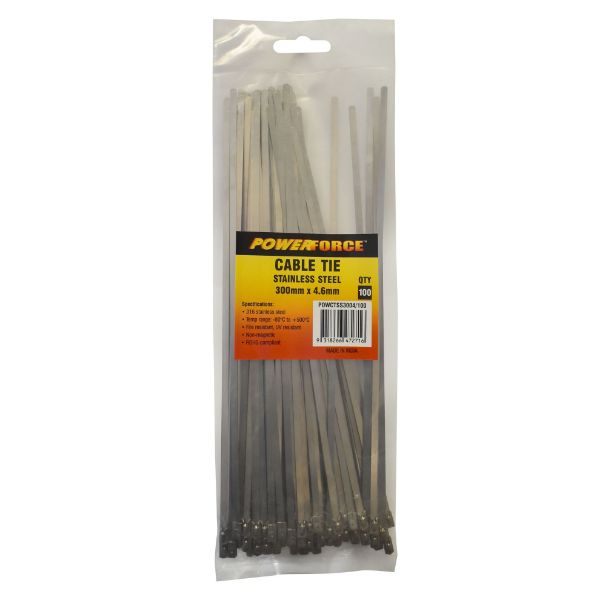 4.6 X 300mm 316L Stainless Steel Cable Ties Pack Of 100 667N/68kgs Tensile Strength POWERFORCE — view 2