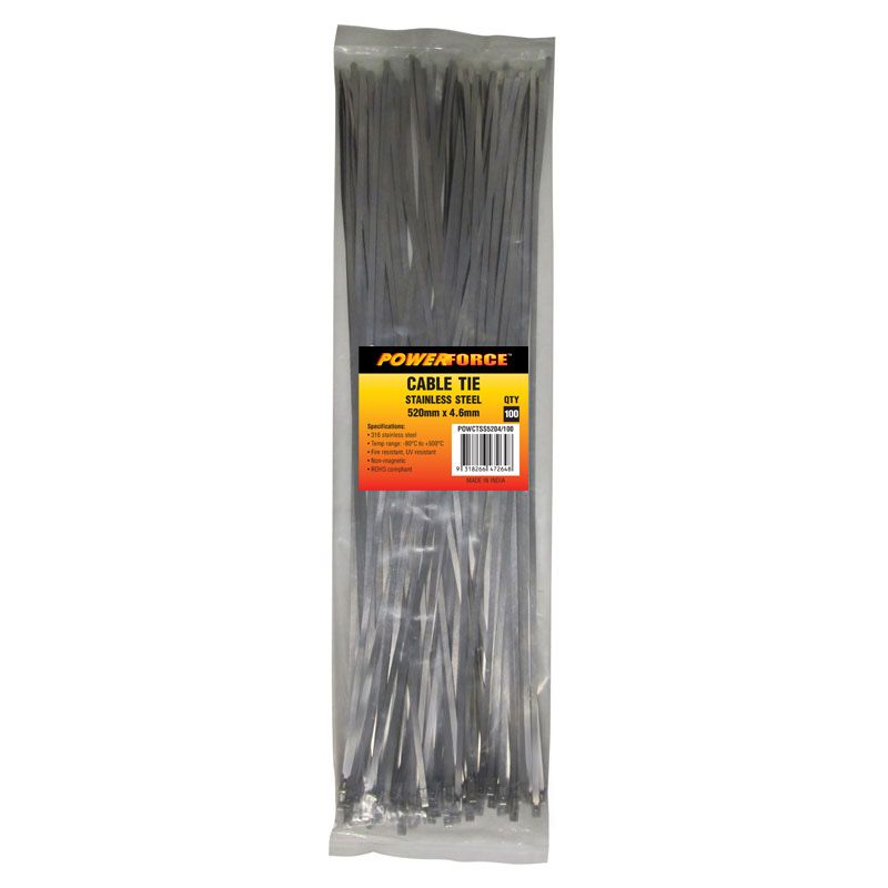 4.6 X 520mm 316L Stainless Steel Cable Ties Pack Of 100 667N/68kgs Tensile Strength POWERFORCE — view 1