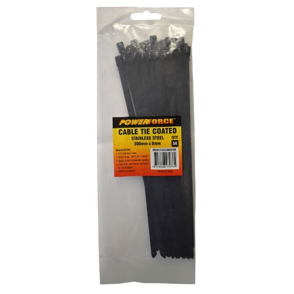 8 X 300mm 316L Stainless Steel Cable Ties Pack Of 50 1335N/136kgs Tensile Strength POWERFORCE — view 1