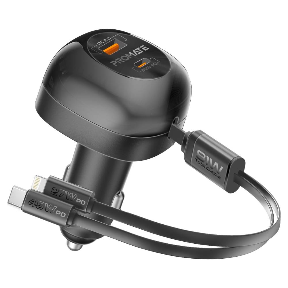 PROMATE 81W Multi-Port In-Car Phone Charger with Retractable USB-C & promate — view 1