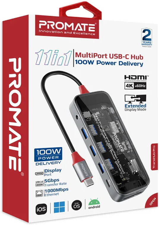 PROMATE 11-in-1 USB Multi-Port Hub with USB-C Connector. Includes 100W Promate — view 2