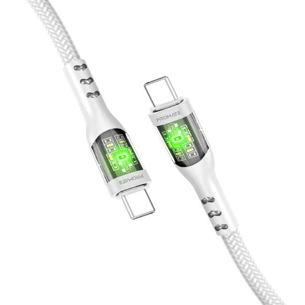 1.2m USB-C To USB-C Cable W/ Transparent Connectors & LED Supports 60W PD. White PROMATE — view 2