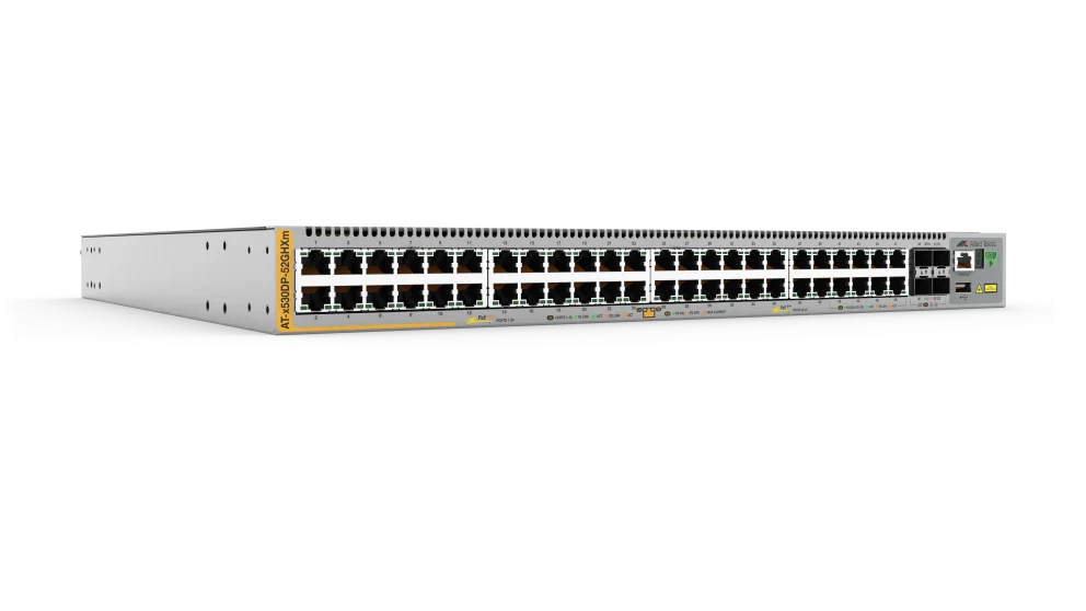 AT-x530DP-52GHXm-E01 24 port 10/100/1000-T PoE+- 16 port 10/100/1000-T PoE++- 8 port 100M/1G/2.5G/5G-T PoE++ stackable L3 switch with 4x SFP+ Ports and dual hotswap PSU bays with NCA Support 1yr Allied Telesis — view 1