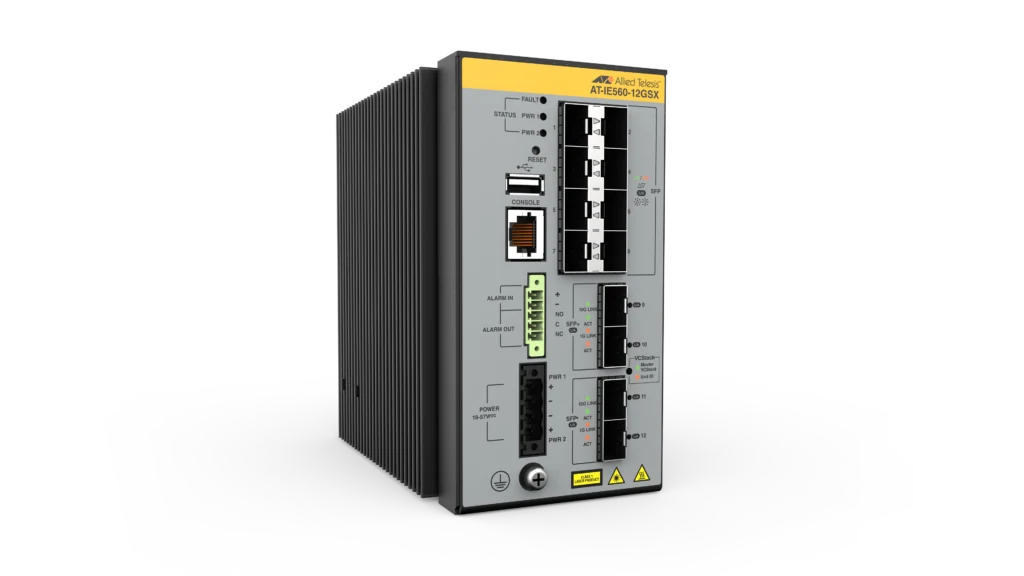 AT-IE560-12GSX-980 8x 100/1000X SFP- 4x 1G/10G SFP+- Industrial Ethernet- Stackable Layer 3 Switch (TAA compliant) Allied Telesis — view 1