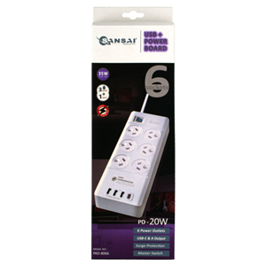Sansai 6 Way Surge Powerboard with 3x USB, 1x USB-C Charging Ports Sansai — view 2