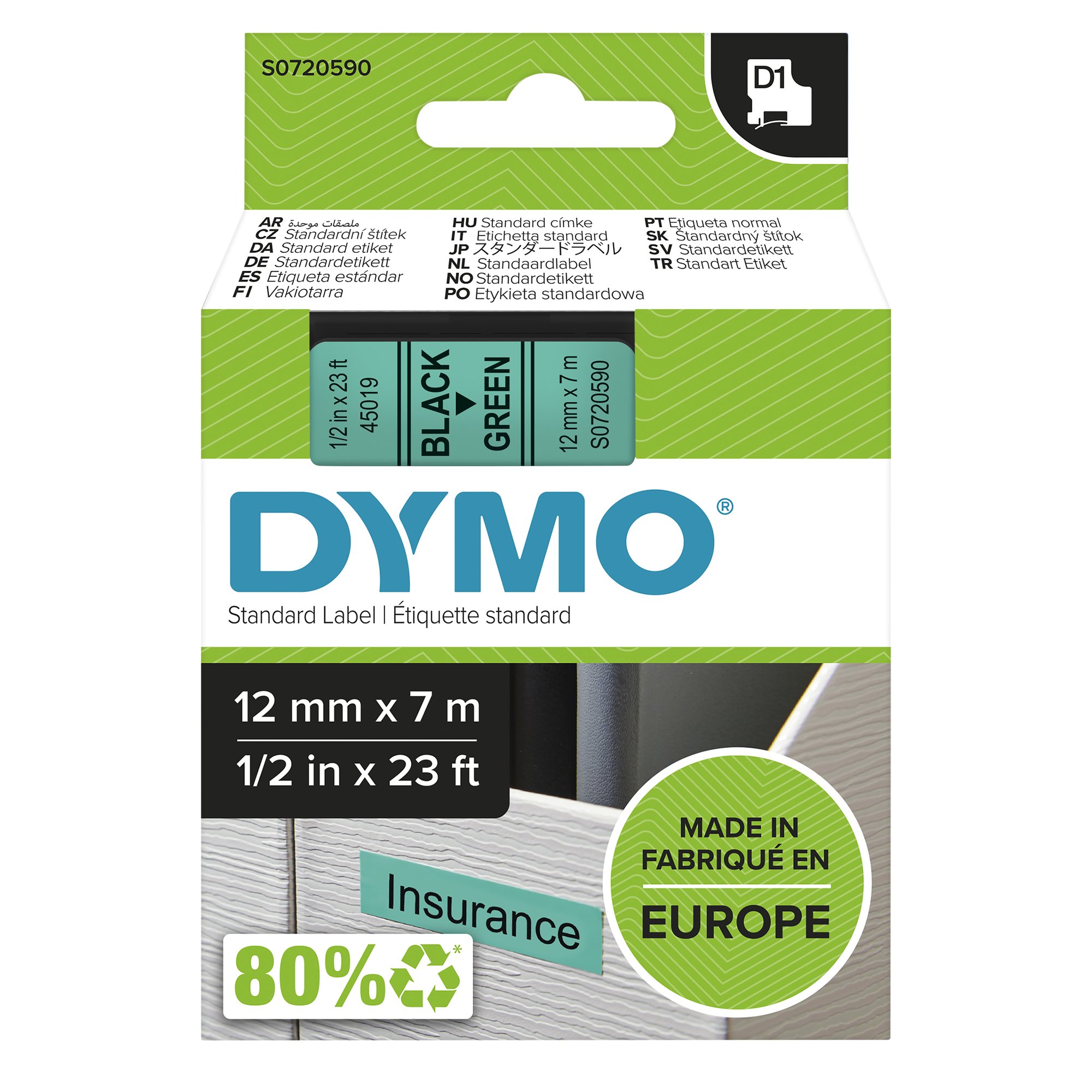 Dymo Blk on Grn 12mmx7m Tape Dymo — view 2